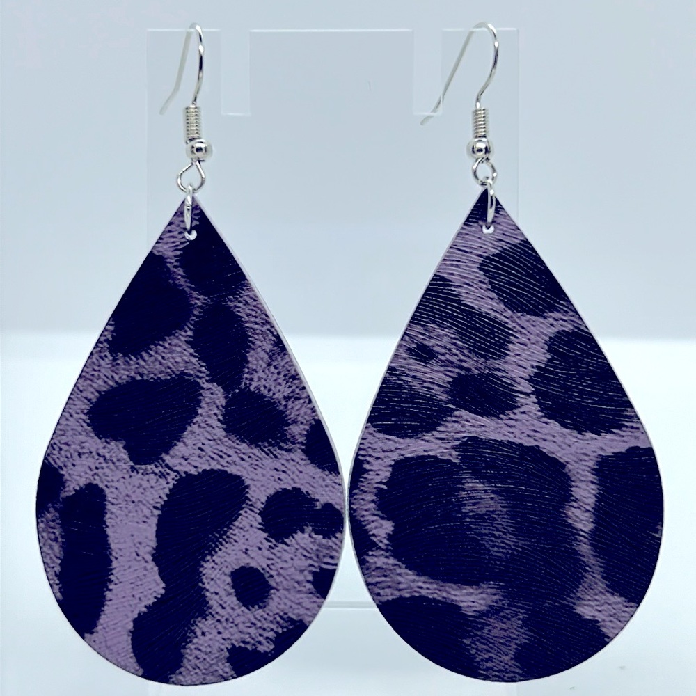 Purple Animal Print Faux Leather Dangle Earrings Fashion Jewelry - Picture 4 of 4